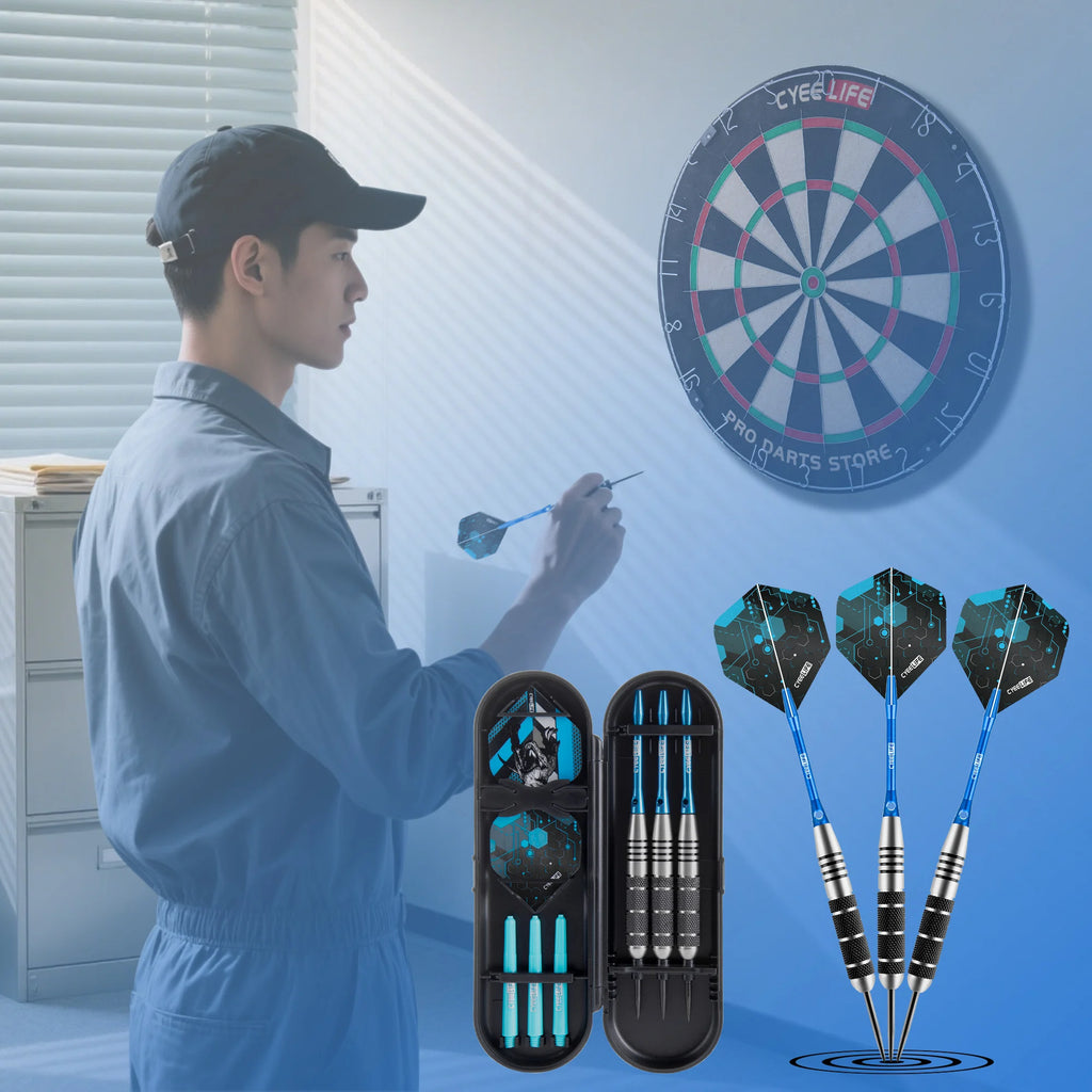 CyeeLife 26g steel tip darts set with aluminum shafts, PET flights, and storage case for precise target practice.