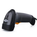 Black handheld barcode scanner with front scan window and ergonomic handle