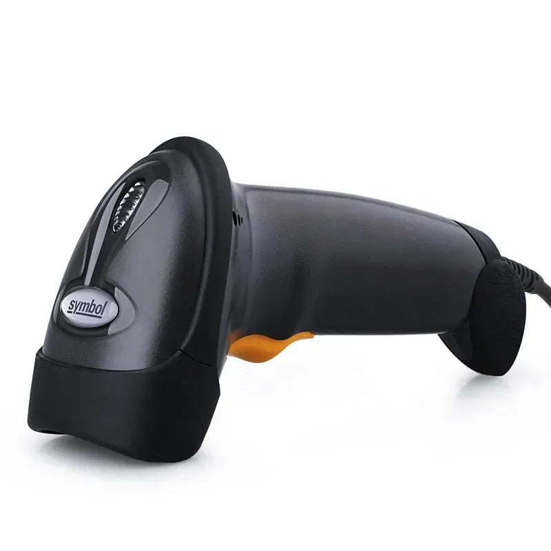 Black handheld barcode scanner with front scan window and ergonomic handle