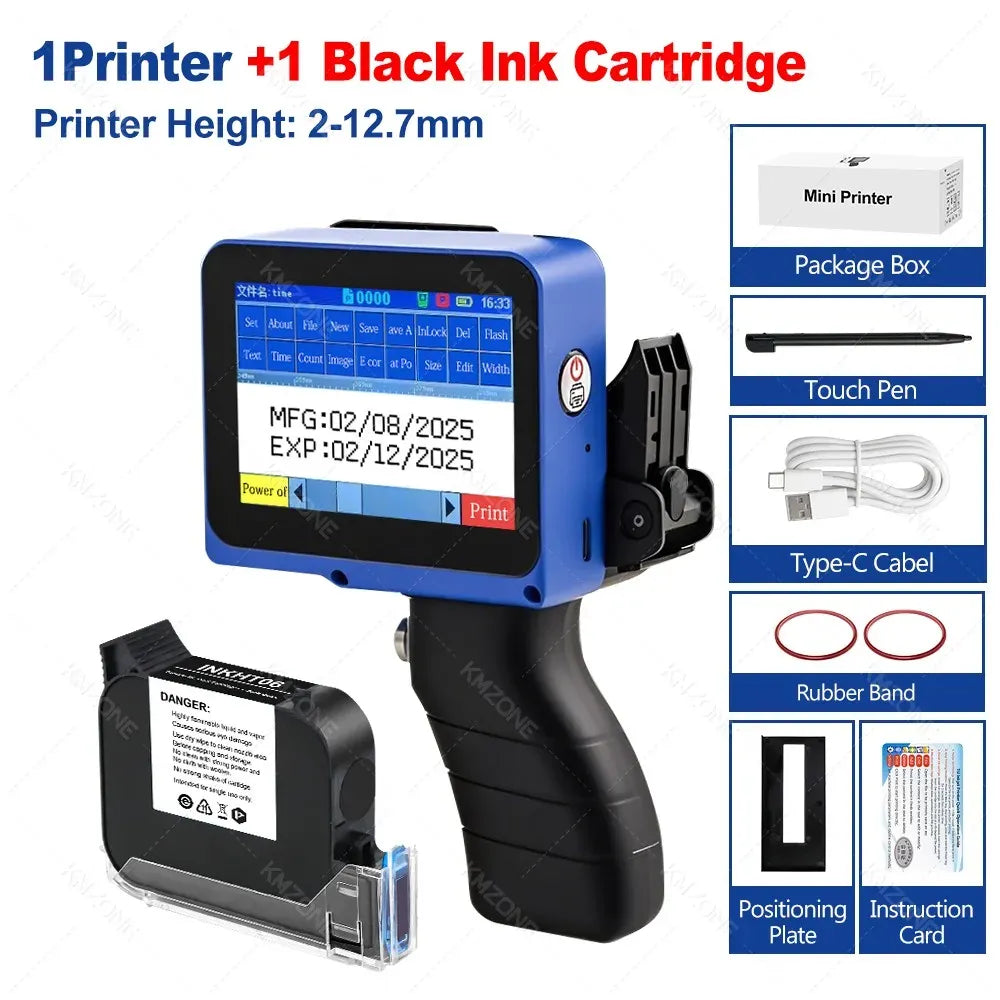 Handheld mini inkjet printer with 1 black ink cartridge and touch pen accessories