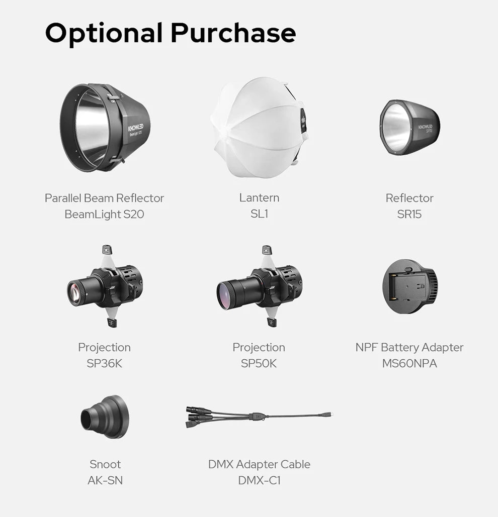 Eight studio lighting accessories: reflectors, lanterns, projection attachments, battery adapter, snoot, and DMX cable.
