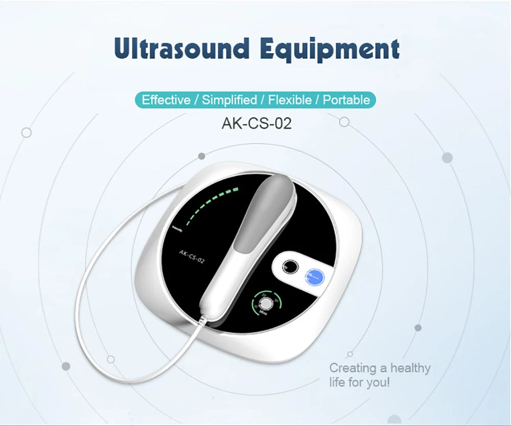 Portable 1MHz ultrasound physiotherapy device for muscle pain relief with white console and handheld massage applicator.
