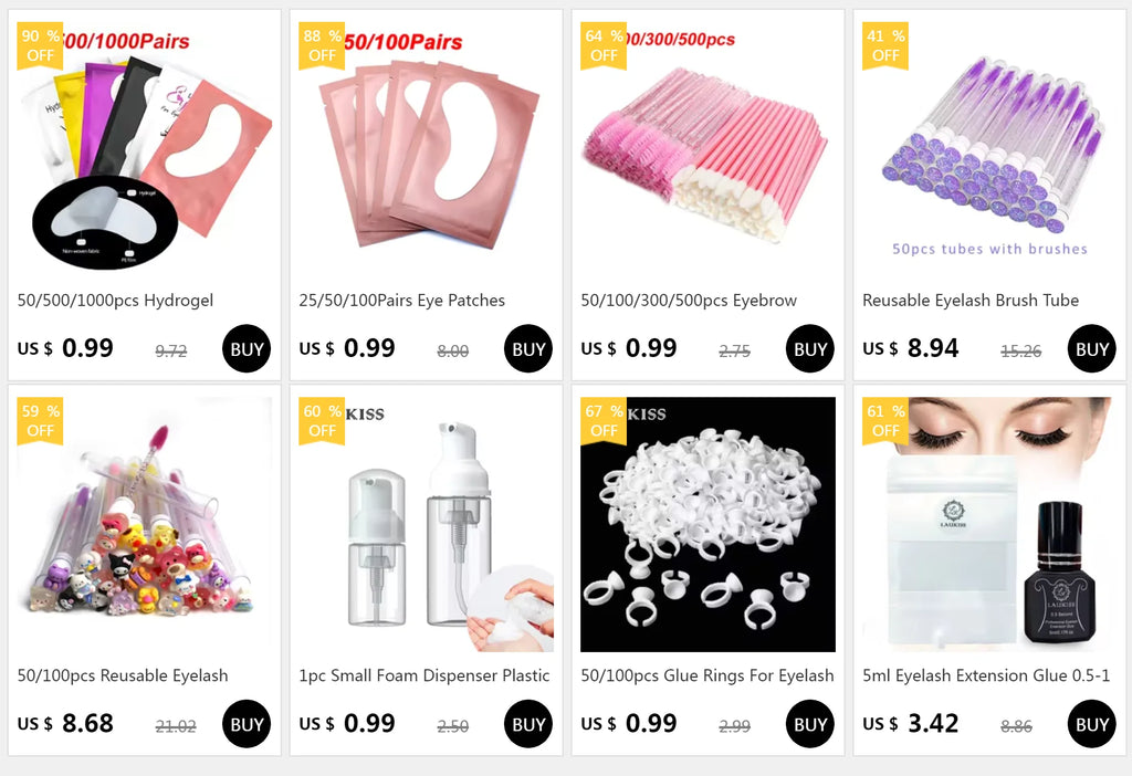 Assorted hydrogel eyelash extension patches in individual colored foil sachets for professional eye grafting.
