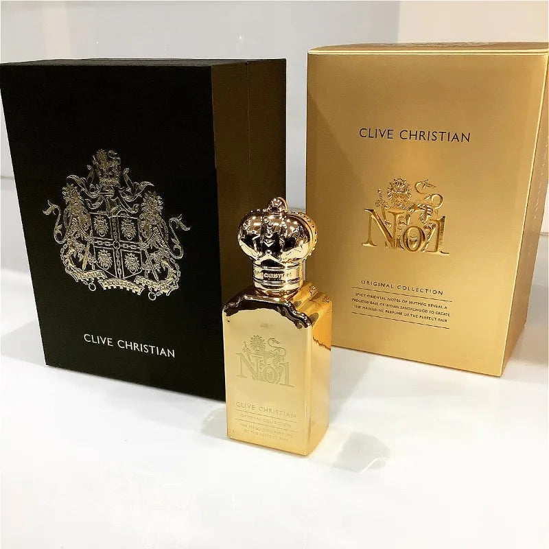 Clive Christian No1 gold perfume bottle with crown cap, luxury women's fragrance with amber, sandalwood, rose, jasmine.