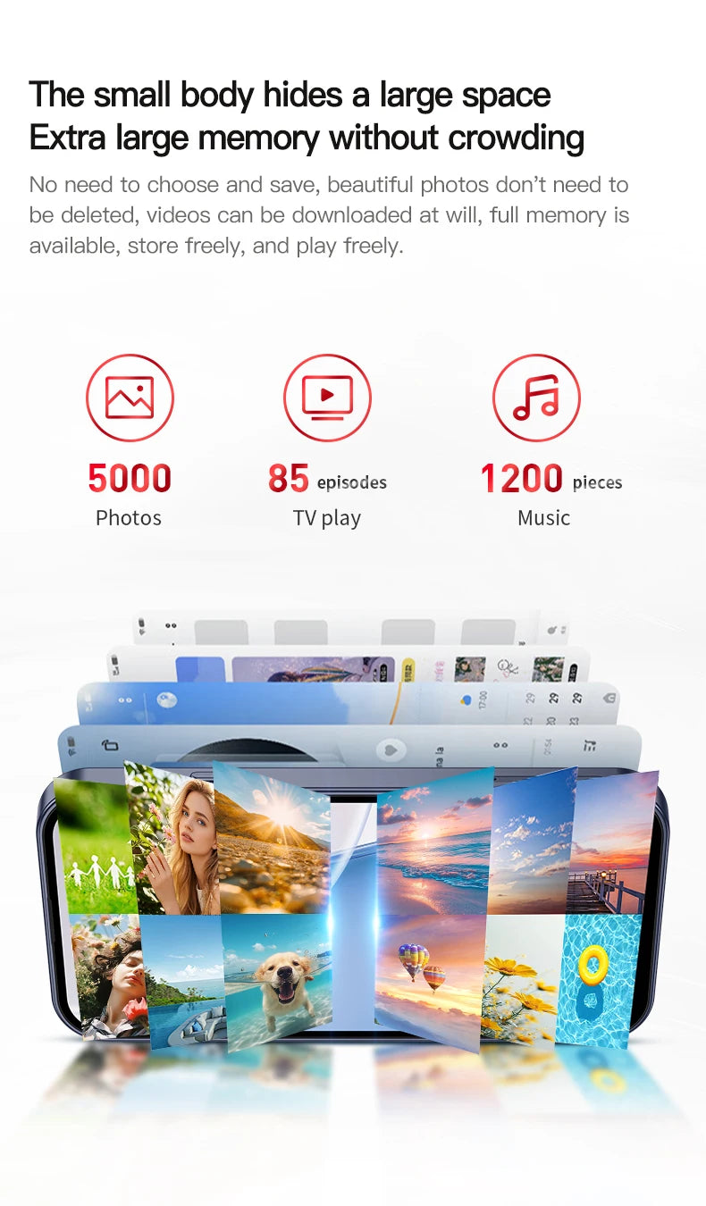 ONEMYTH A18 Pro 4G mini smartphone showing storage capacity for photos, TV and music on a 4-inch display.