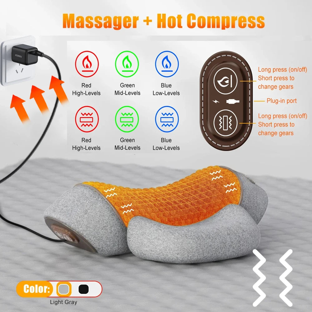 Electric Neck Massage Pillow with Heat Therapy and Vibration - Tidesmit Massage Cushion Hot-Massage-Gray Tidesmit