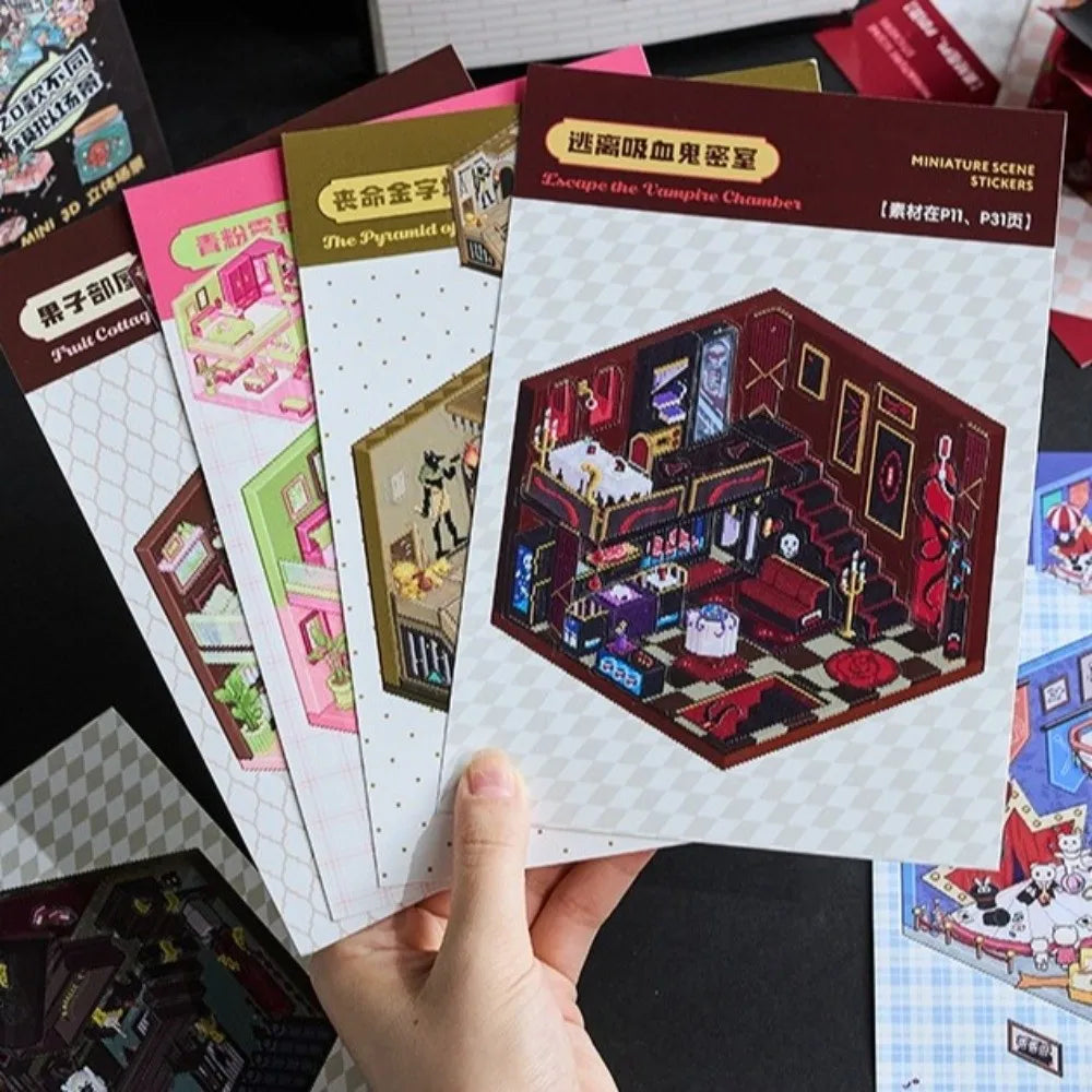 Horror-themed PET miniature scene stickers for DIY crafts. 51-sheet set for creative scrapbook and journal decoration.