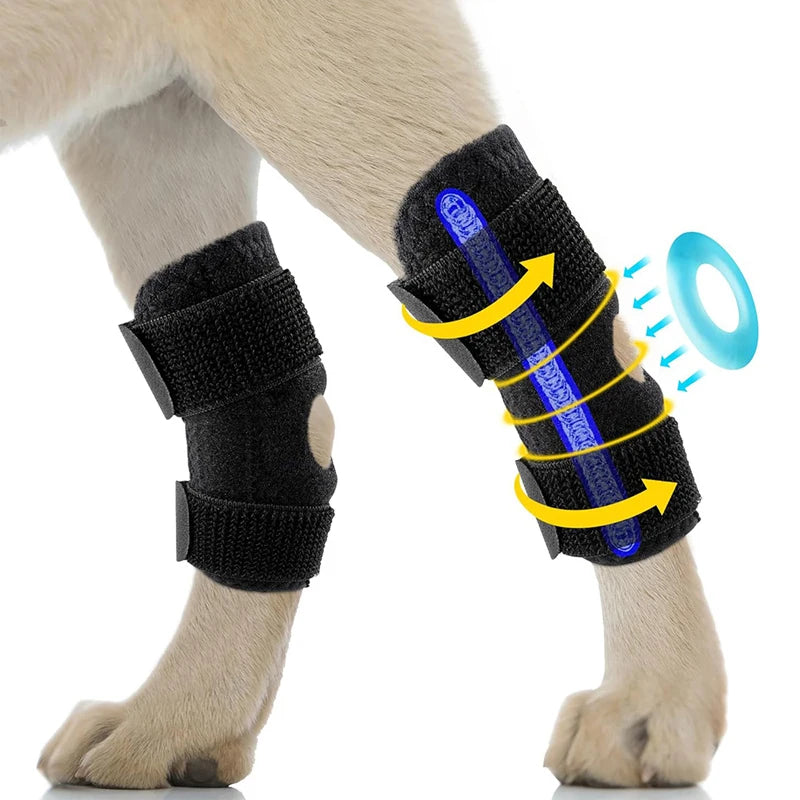 Breathable black dog knee pads for joint injury recovery and leg support. Adjustable hock wrap for canine rehab.