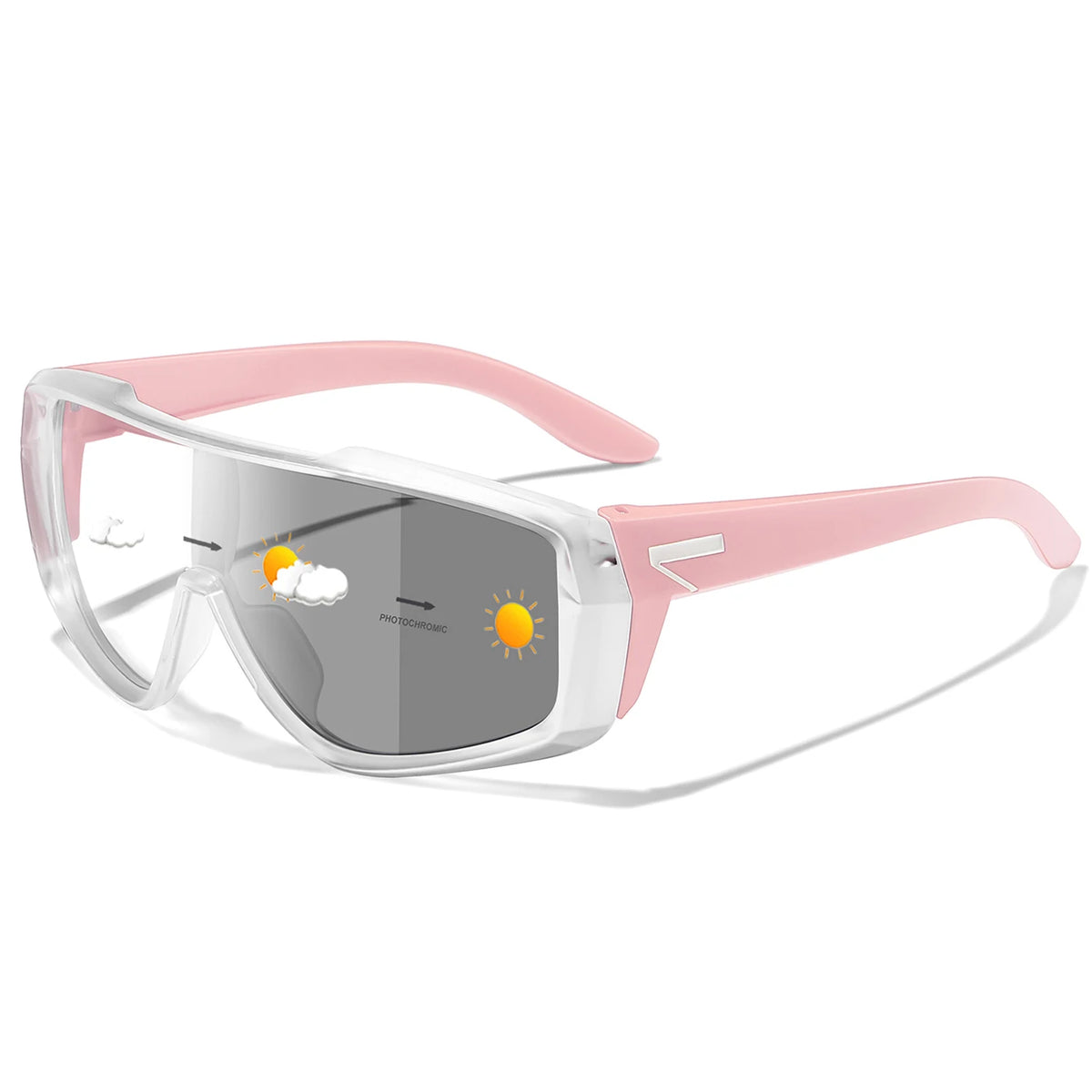 Photochromic cycling sunglasses, light pink frame with gray lenses and wrap coverage.