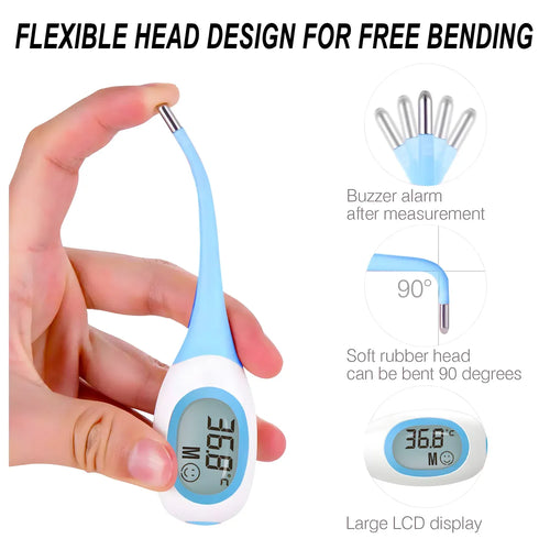 Blue digital baby thermometer with flexible rectal tip, buzzer alarm, and easy-read LCD display for infant health.