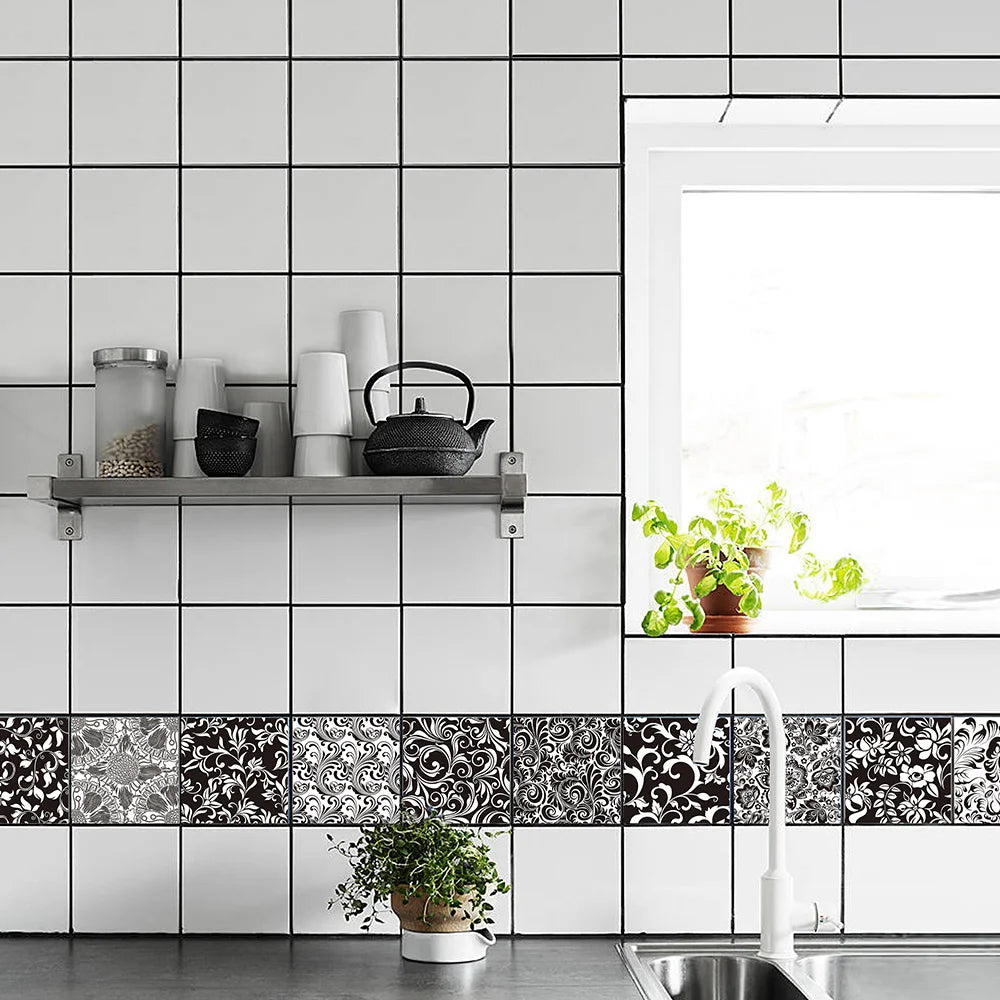 10 pcs/pack, Black and White Floral hard PVC Self-Adhesive Tile Stickers - Waterproof, Oil-Proof, Easy to Clean for Home Decor
