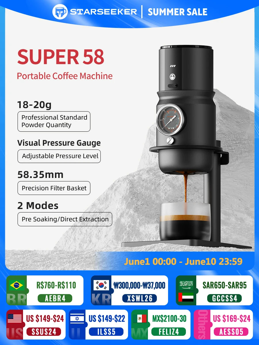 Starseeker Super 58 matte black portable espresso machine with pressure gauge and 58.35mm precision filter basket.