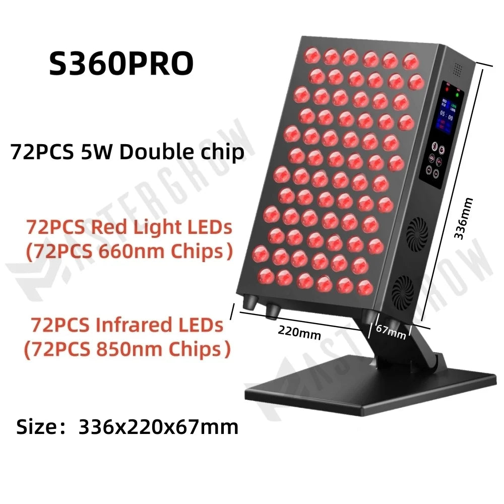 S360PRO red light therapy panel with 72 dual-chip infrared LEDs for anti-aging and pain relief on a desktop stand.