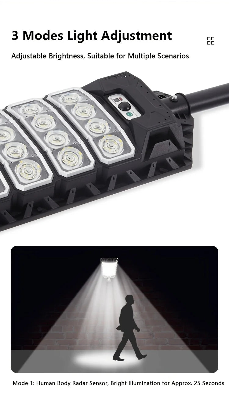 New Extra Large 1200 LED Solar Street Light, 5800Mah Battery. Solar-Powered, No Electricity Cost, IP65 Waterproof. PIR Motion Sensor Enables Auto Night Lighting. Serves As Searchlight, Security & Emergency Light. Great for Pa