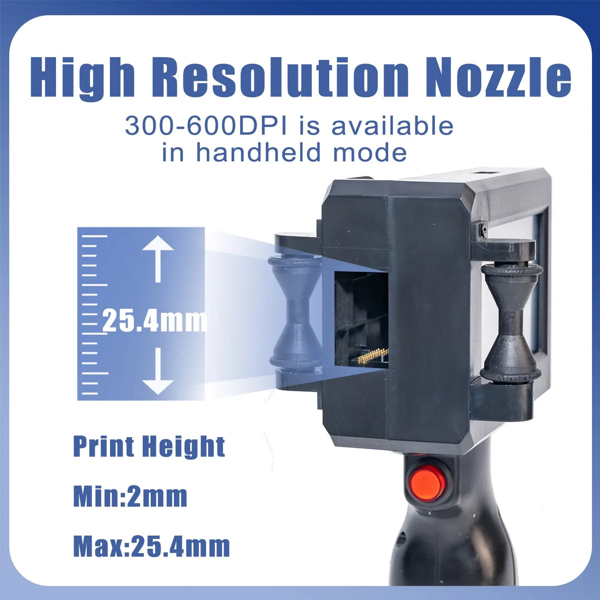 Handheld inkjet printer nozzle with print height range 2mm to 25.4mm