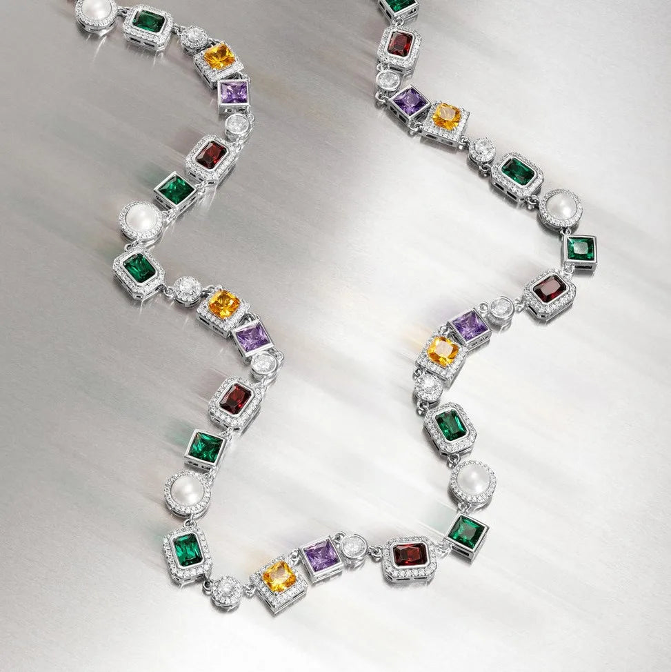 925 Sterling Silver Multi Color Gemstone Necklace Luxury Moissanite Halo Tennis Choker Necklace for Women