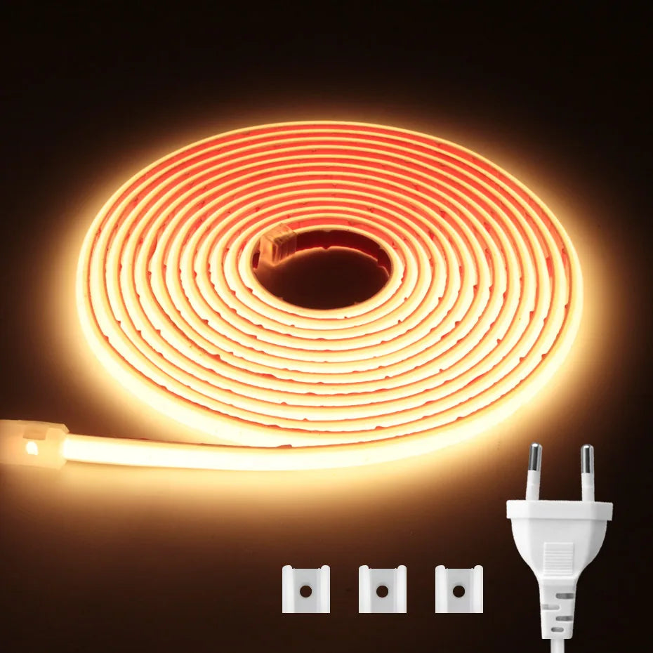 Super Bright 220V COB LED Strip Light EU/AU Power Plug Adhesive Tape Flexible Ribbon Waterproof For Outdoor Lighting Decoration