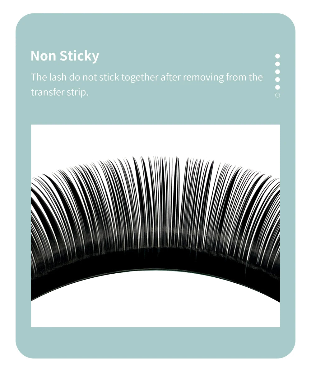 Close-up of black, individual mink eyelash extensions arranged in a clean, non-sticky row on a transfer strip.