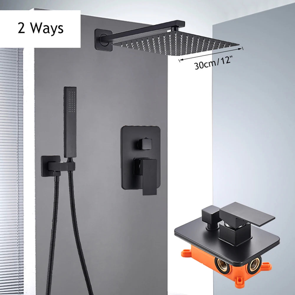 Matte Black Wall Mount Bathroom Shower Faucet 12/16" Rainfall Mixed Hot Cold Water Mixer Shower Tap with Hand Sprayer