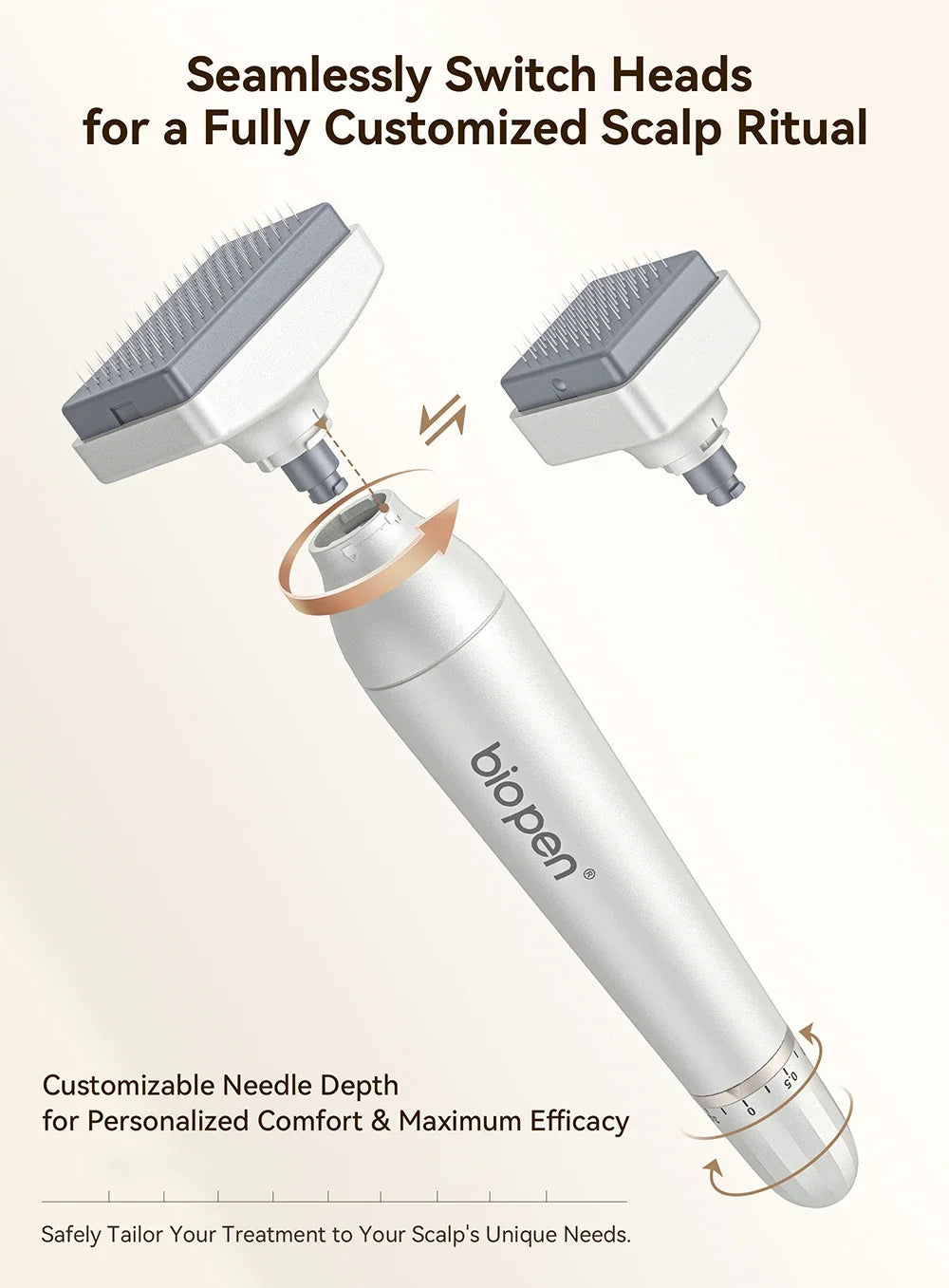 Silver Bio 4 microneedling pen with replaceable derma stamp heads for beard and hair growth with adjustable depth.