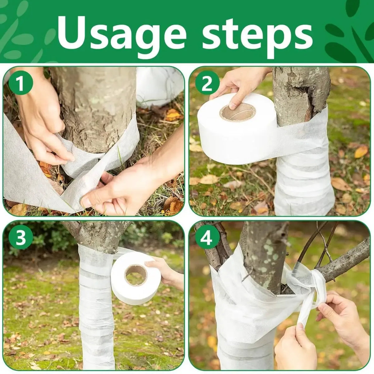 White tree wrap film being applied around a tree trunk