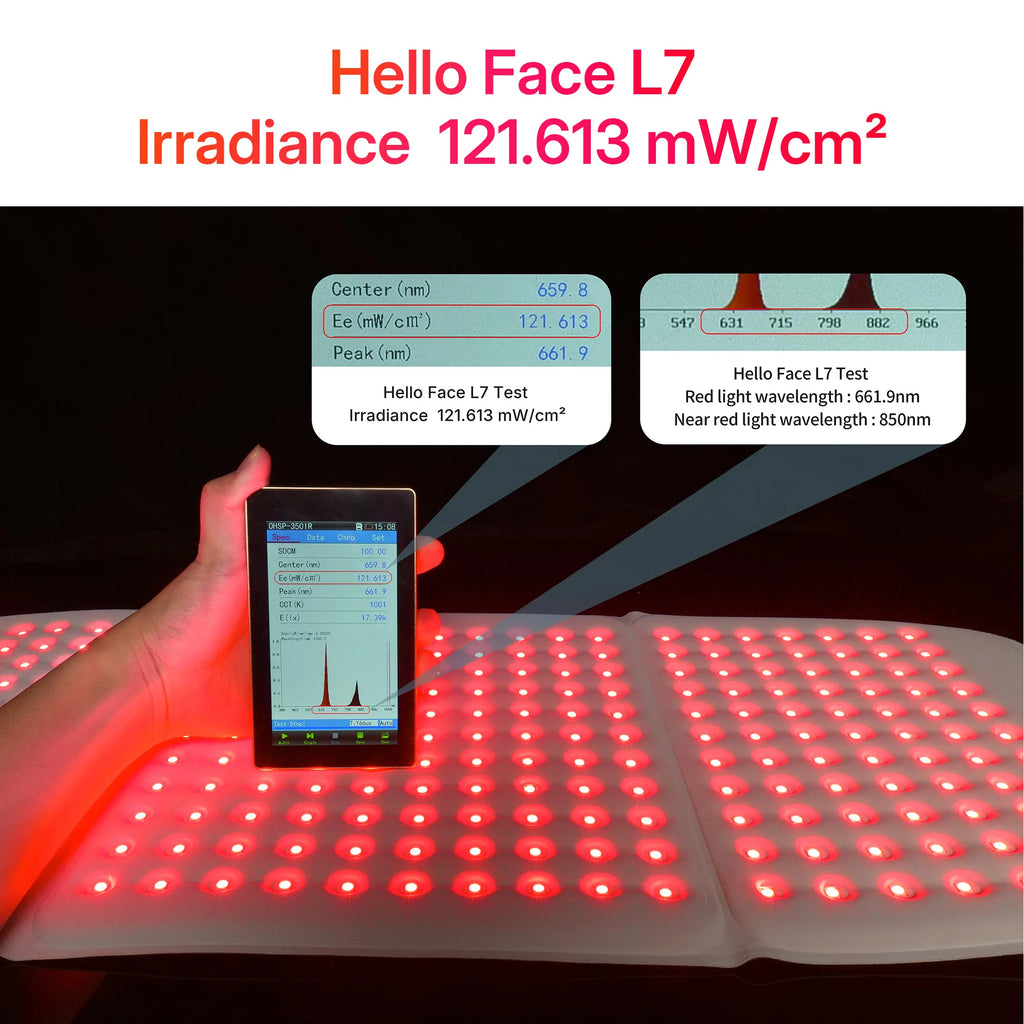 Handheld light meter testing irradiance on a Hello Face L7 red light therapy mat with glowing LED lights.
