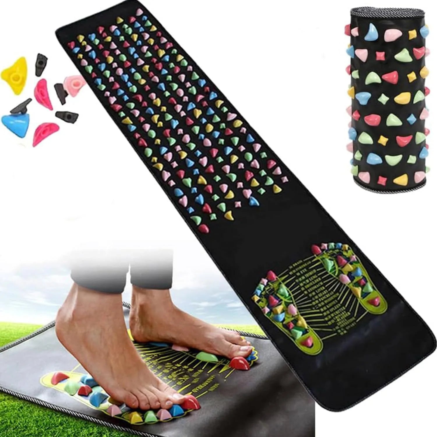 Black acupressure foot reflexology massage mat with colorful plastic stones for walking and pressure point relief.