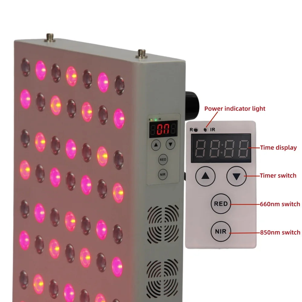 Red and infrared LED therapy panel for anti-aging and pain relief with digital remote timer and cooling fans.