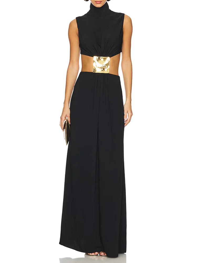 Solid Patchwork Hollow Out Fashion Maxi Dress, Women Summer Sleeveless Simple Party Dress, 2025 New Turtleneck Sexy Ladies Dress