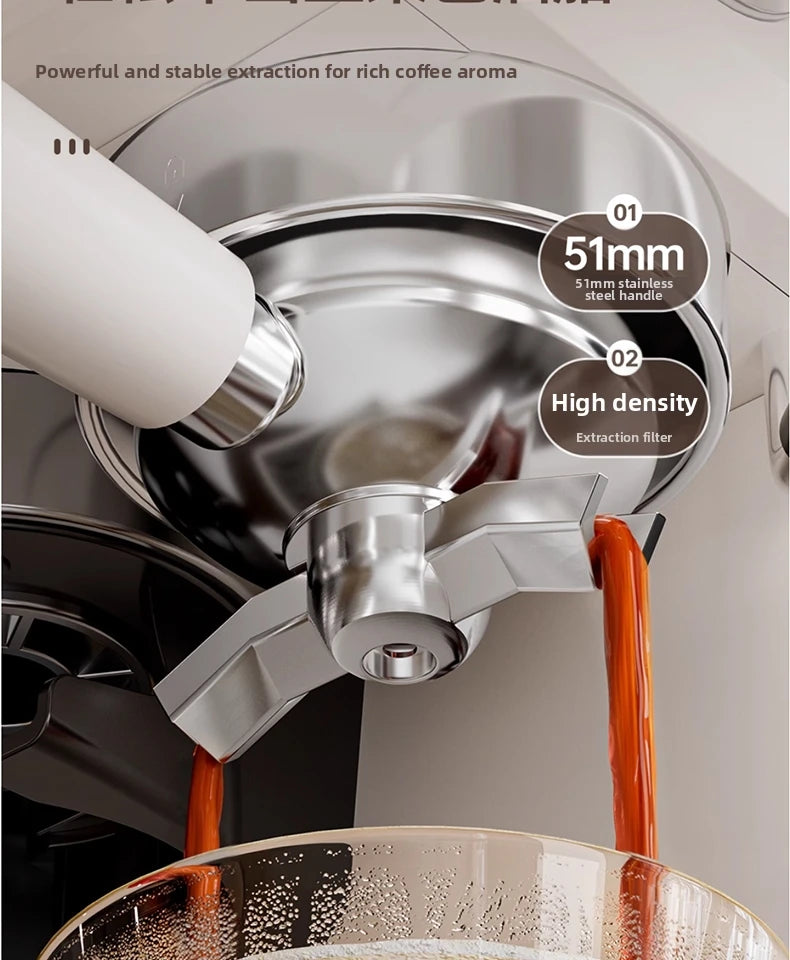 Espresso machine with 51mm stainless steel portafilter and high-density extraction filter pouring fresh coffee.