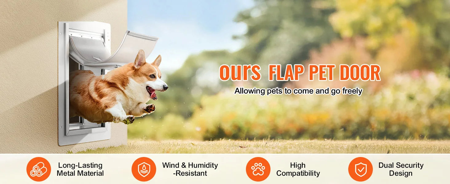 SucceBuy metal frame 3-flap dog door with lock for weatherproof exterior wall installation, featuring a jumping Corgi.