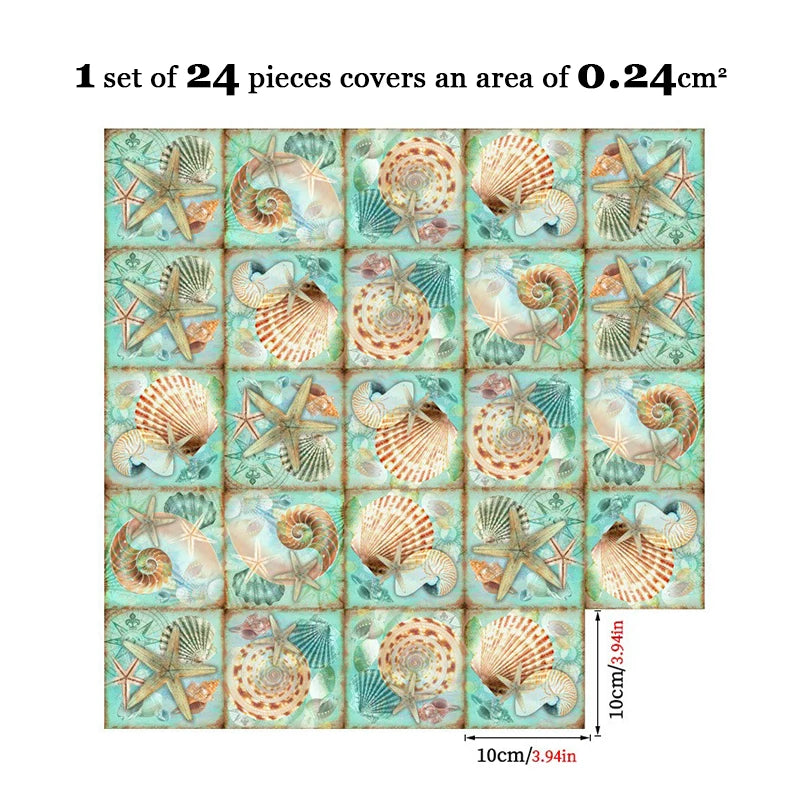 Set of peel-and-stick backsplash tile stickers with teal seashell and starfish designs