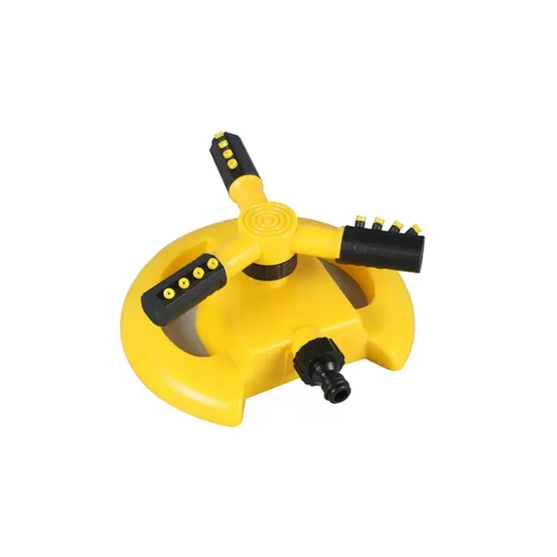 Yellow rotating lawn sprinkler nozzle with adjustable spray outlets and hose connection