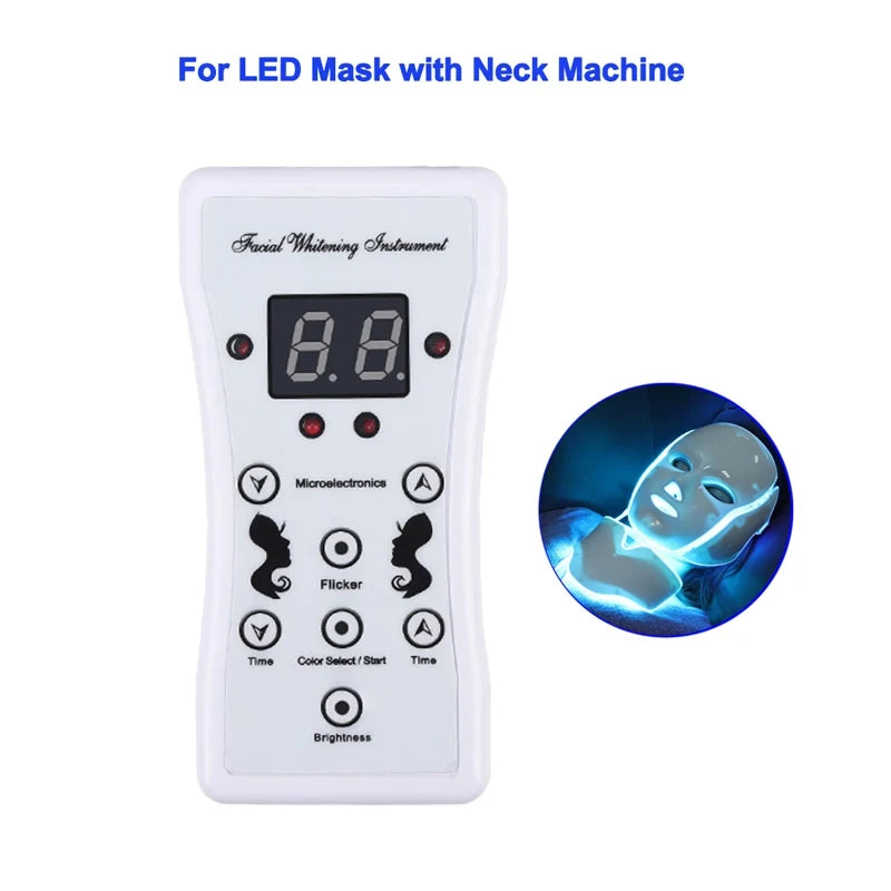 White handheld facial whitening instrument controller with digital display and buttons for an LED face and neck mask.