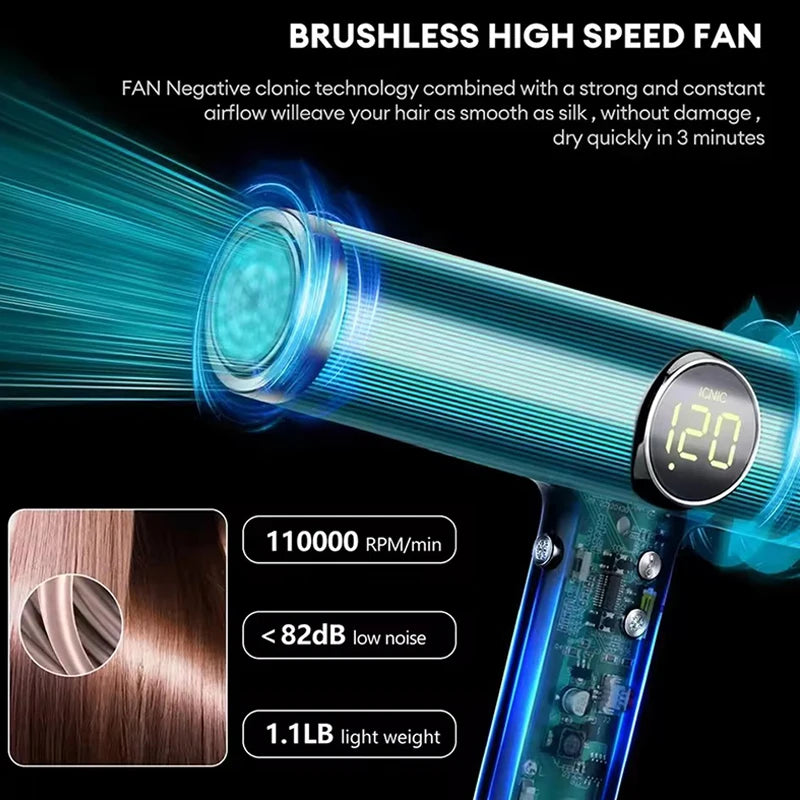Blue 110,000 RPM high-speed hair dryer with digital display, negative ion tech, and low-noise brushless motor.