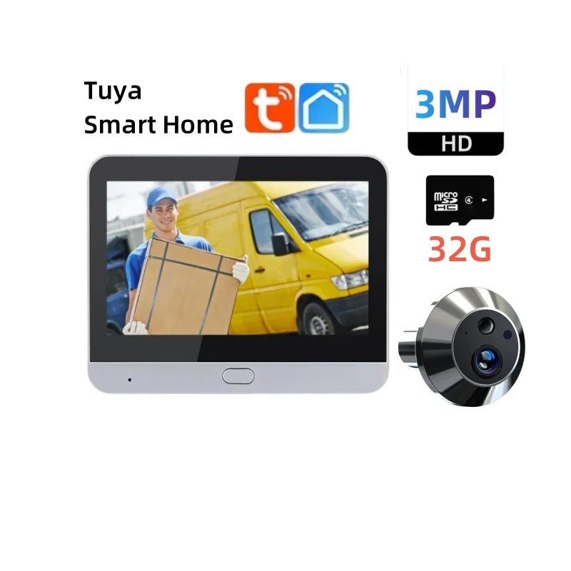 3MP HD video door peephole camera with 4.3-inch screen and silver lens, 32G