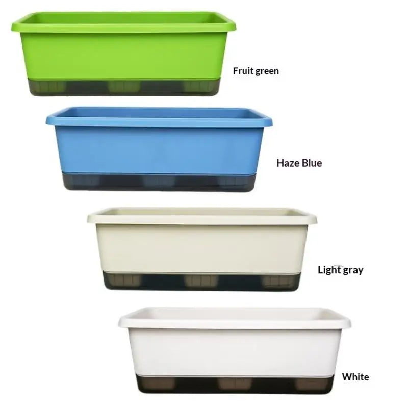 Rectangular self-watering planter colors: green, blue, light gray, and white with bases