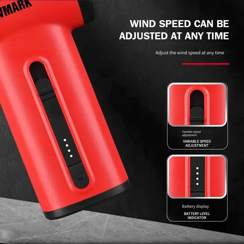 WMARK red turbo jet blower with adjustable speed slider and LED battery display for professional hair care styling.