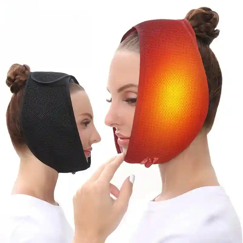 Adjustable face-wrap heat pad in black and red mesh, shown worn on a woman's jaw for facial therapy.