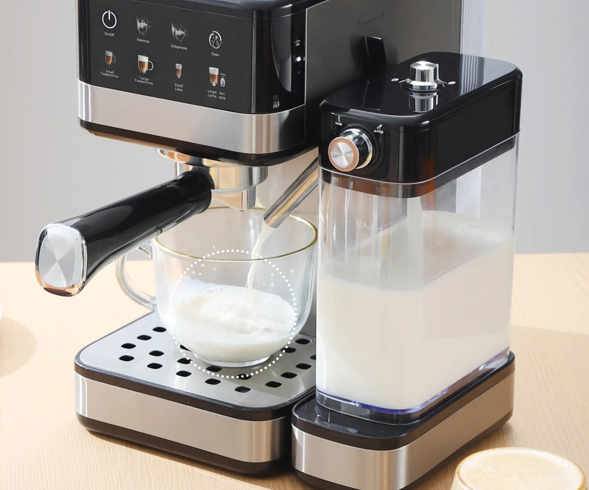 Black and stainless steel espresso machine with integrated milk frother, digital touch display, and glass cup.