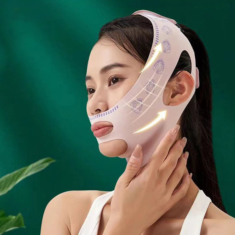 A person wearing a pale pink, patterned facial slimming strap that lifts the chin and jawline.