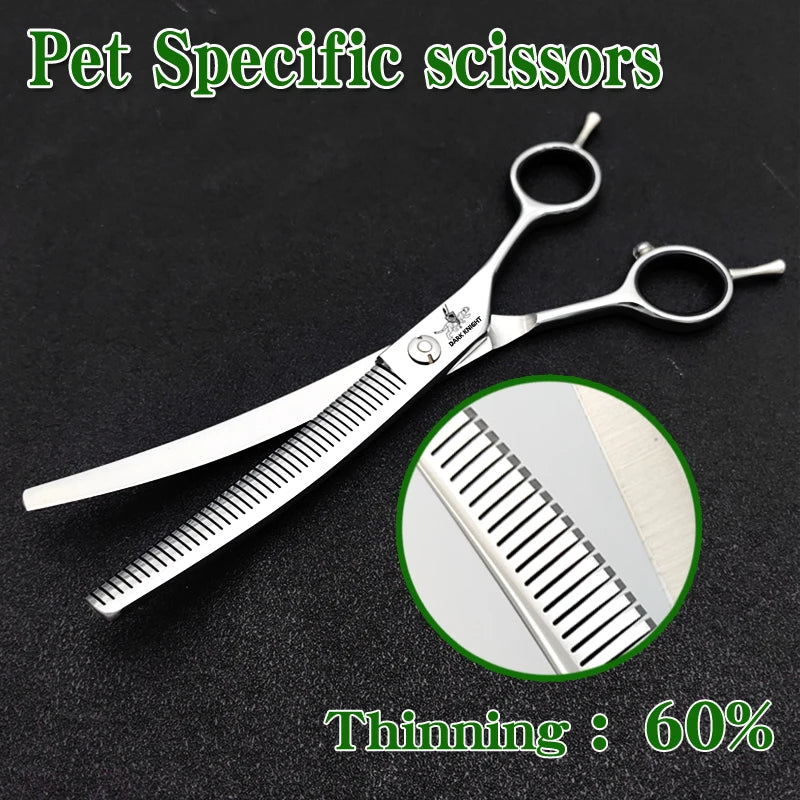 7-inch silver dog grooming thinning shears with bent fishbone design for professional pet hair trimming and blending.