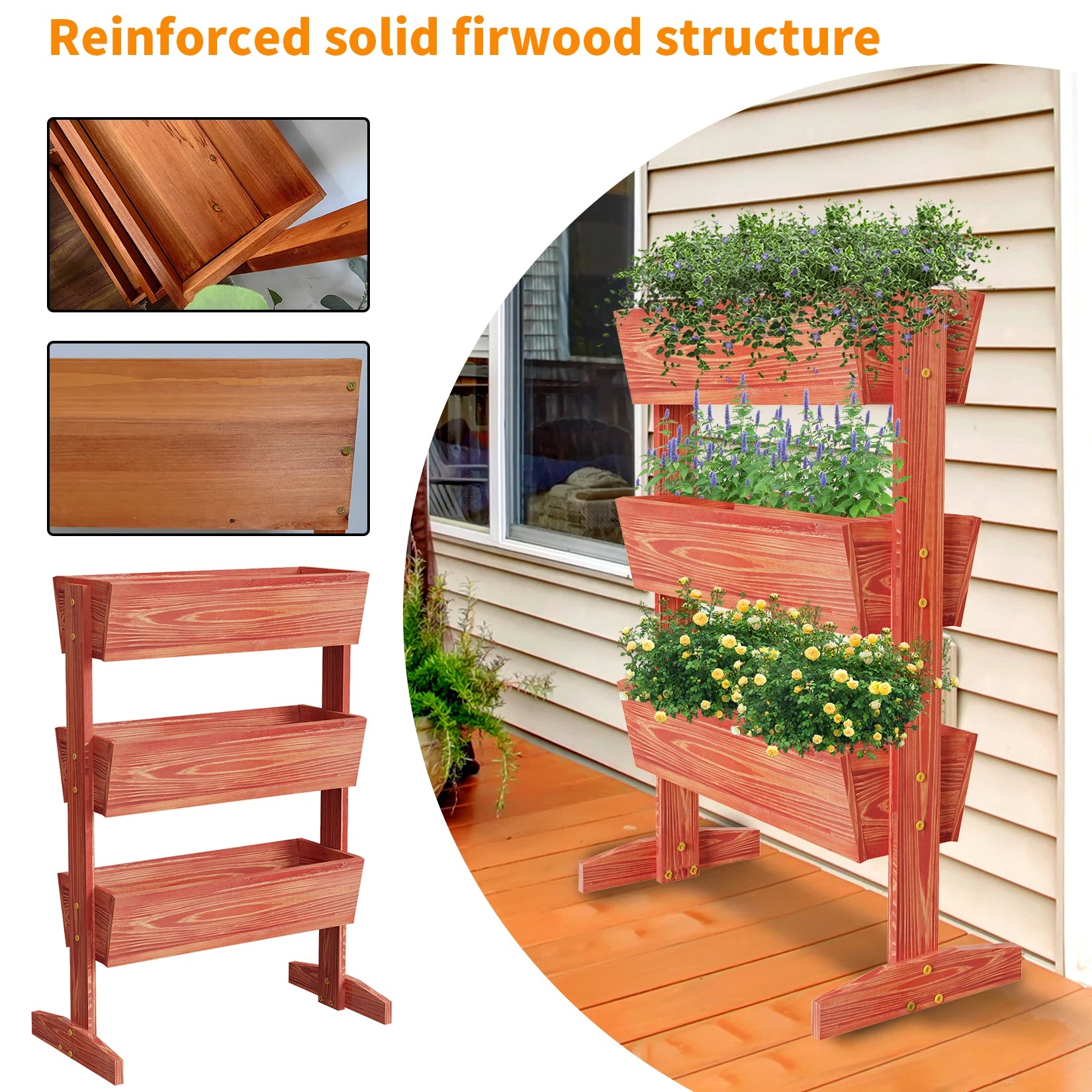 4-Tier Vertical Raised Planter Box Elevated Garden Bed Outdoor Wooden Herb Vegetable Ladder Troughs for Gardening