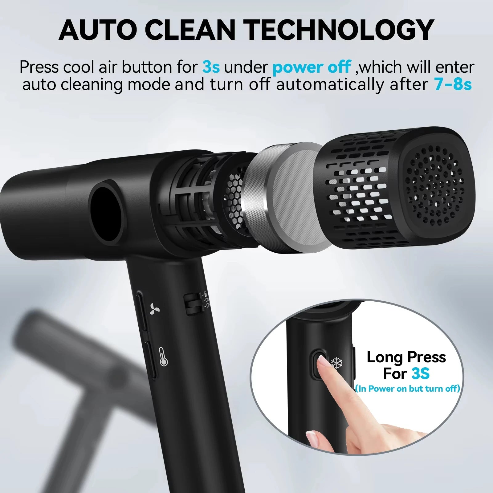 TINSOL high-speed black ionic hair dryer showing auto-clean filter technology and cool shot button for salon styling.