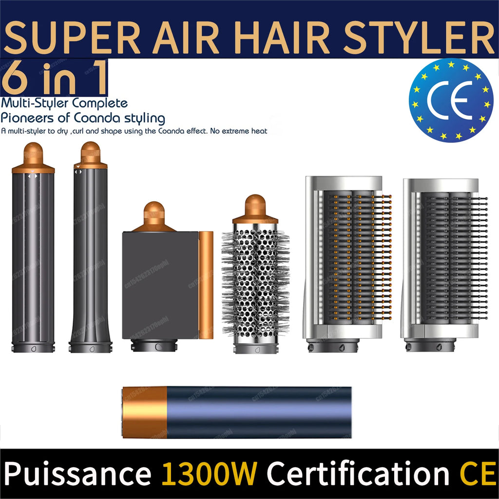 6-in-1 auto curling hair styler set with grey and copper finish, featuring dryer, round brush, and styling attachments.