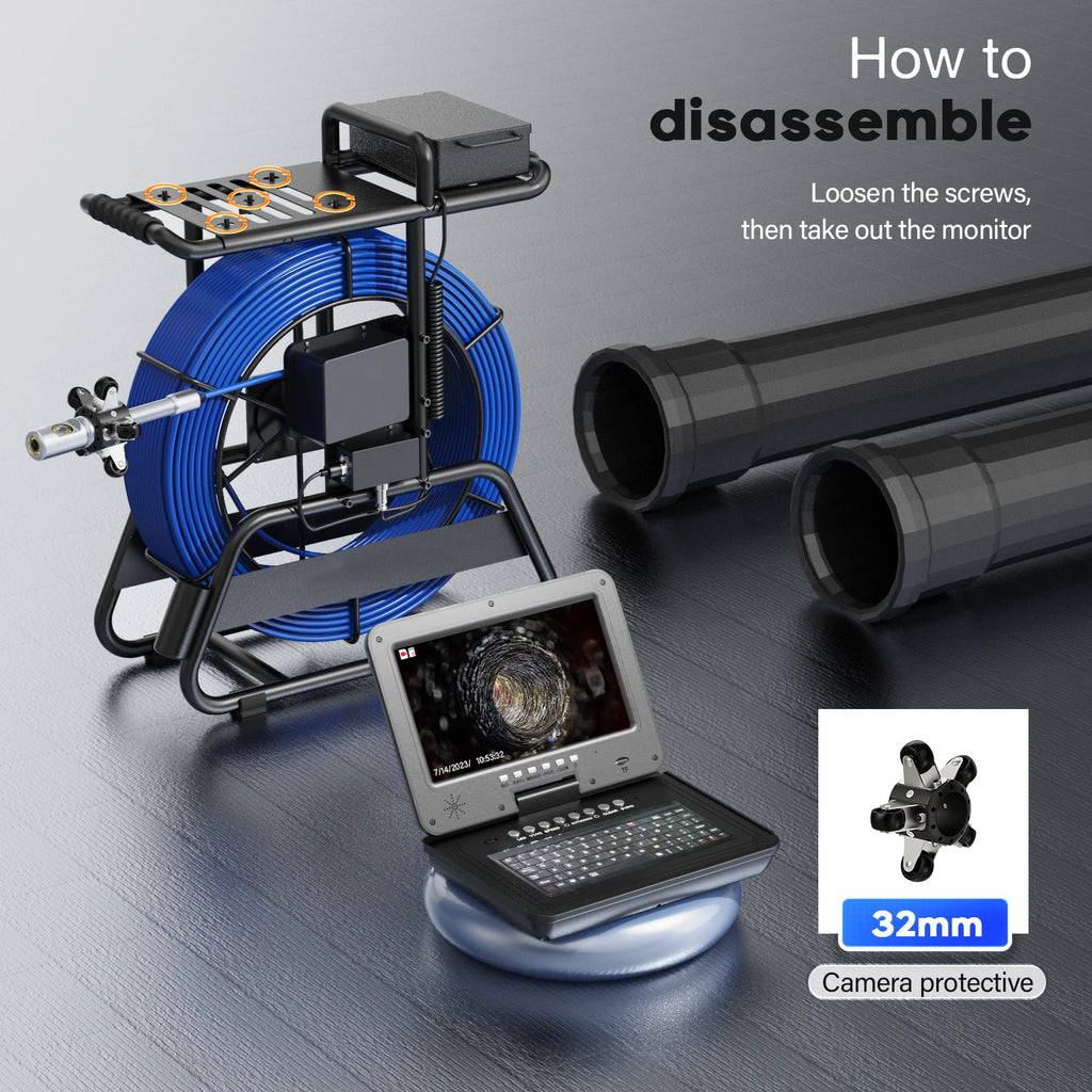 Sewer Camera Inspection 360 Degrees 10″inch IPS+Cable Diameter ø7mm+512HZ Transmitter Locator+Meter Counter+Keyboard
