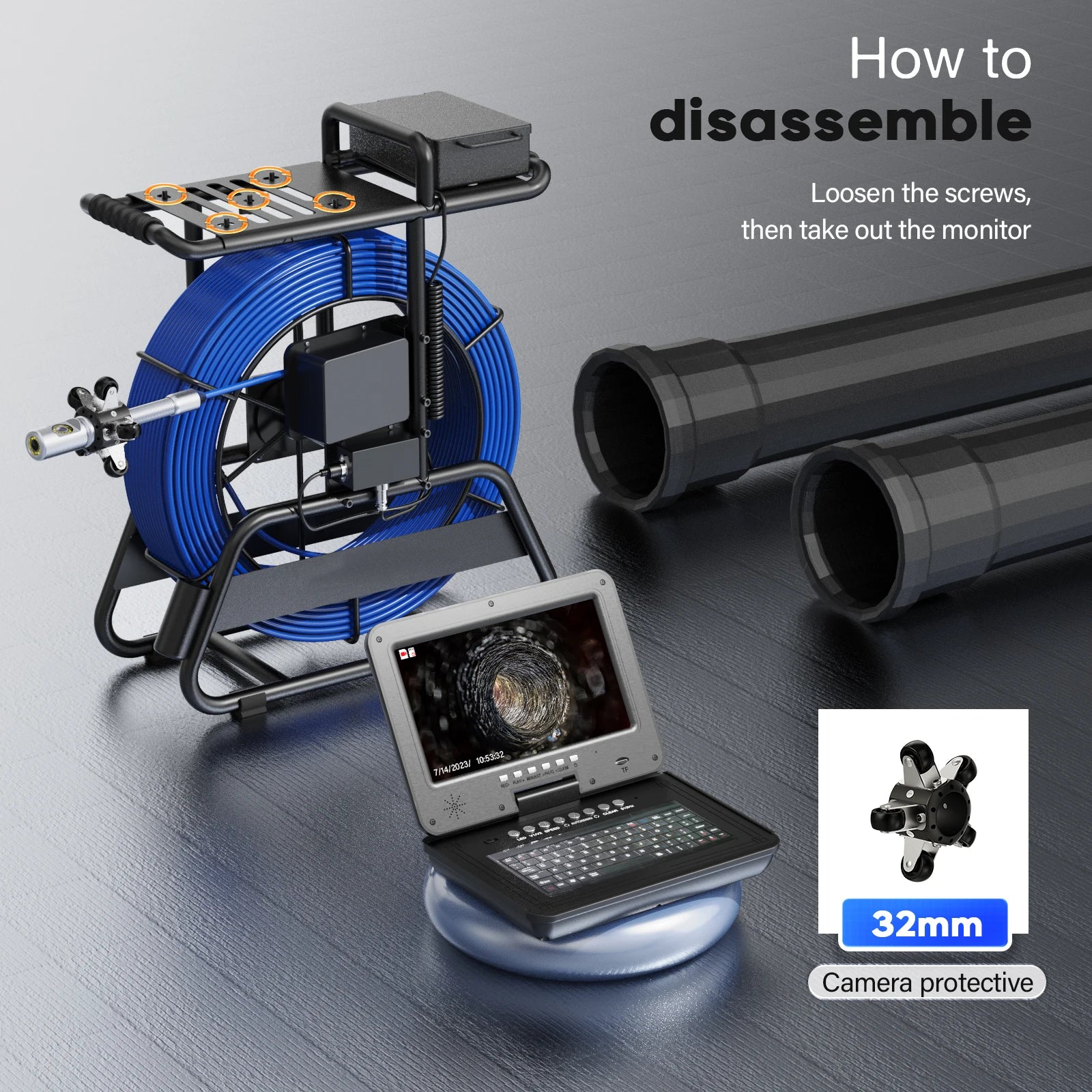 Sewer Camera Inspection 360 Degrees 10″inch IPS+Cable Diameter ø7mm+512HZ Transmitter Locator+Meter Counter+Keyboard
