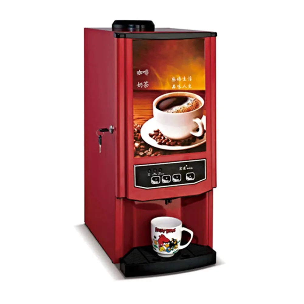 Commercial red coffee and milk tea vending machine with 4-button dispenser, key lock, and white mug on drip tray.