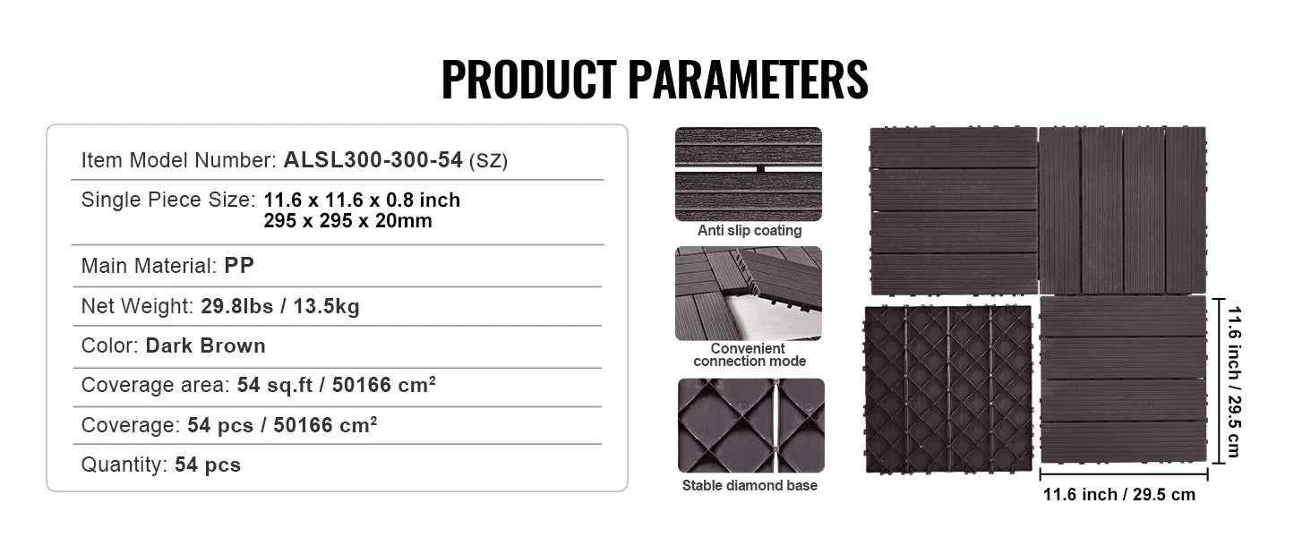 SucceBuy  Interlocking Deck Tiles Plastic Waterproof Outdoor Flooring All Weather Use Patio Floor for Porch Poolside Dark Grey