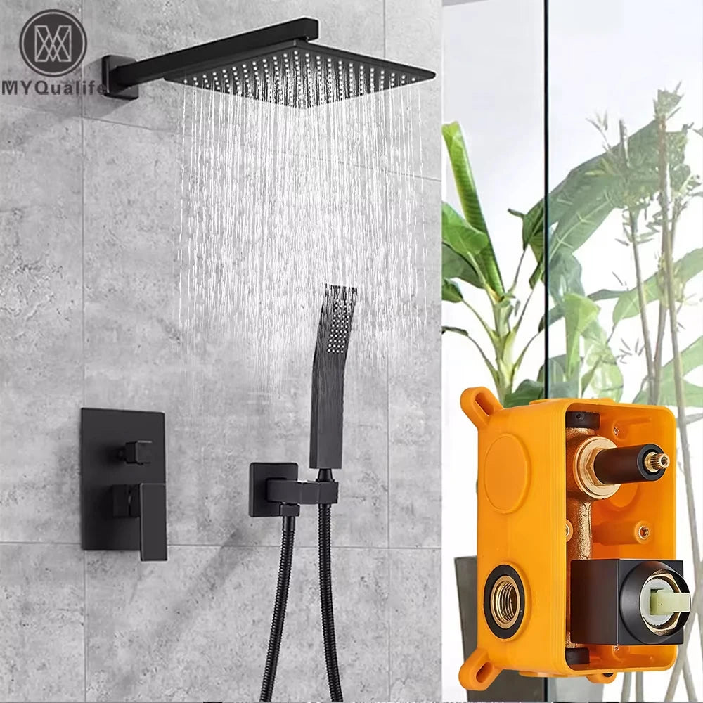Matte Black Wall Mount Bathroom Shower Faucet 12/16" Rainfall Mixed Hot Cold Water Mixer Shower Tap with Hand Sprayer